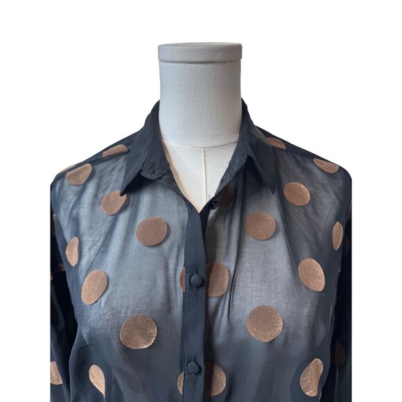 Zara XS Basic Sheer Black & Brown Polka Dot Long Sleeve Button-Up Blouse - Picture 3 of 9